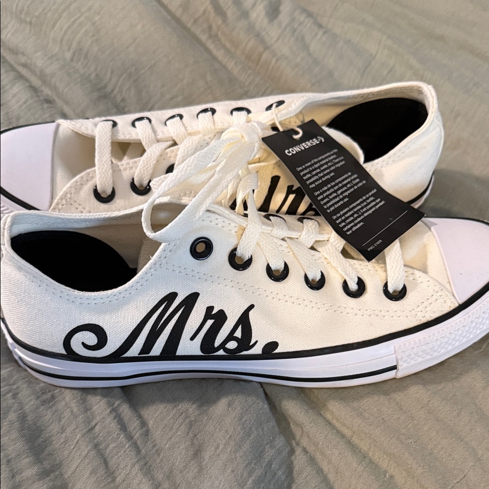 Converse White Canvas Low Top Sneaker with Black "Mrs." Script